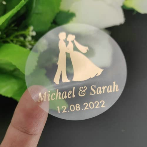 Personalisierter, personalisierbarer transparenter Aufkleber aus Goldfolie für Hennaday, Taufe, Hochzeit, Verlobung, Jahrestag, Umfang (E)