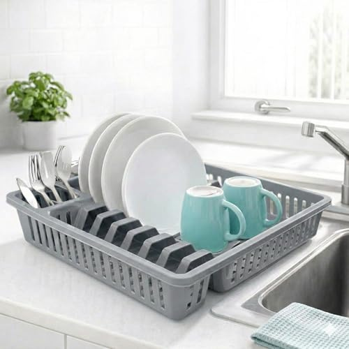 METALLIC TURTLE Grey Small Plastic Dish Drainer Rack with Cutlery Holder Kitchen Sink Draining Board for Plates, Cups, and Utensils Countertop Drying Rack (37.7 x 30 x 7 cm)