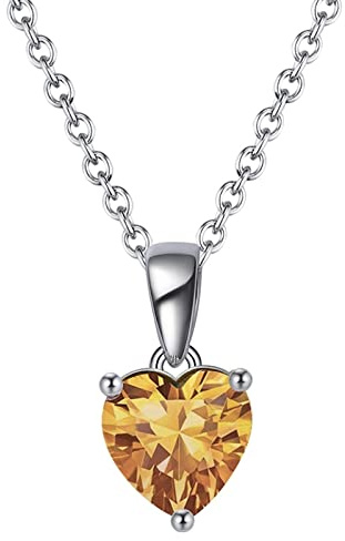 Bellitia Jewelry 925 sterlingsilver hjärta halsband januari månadssten ädelsten hänge med granat, årsdag födelsedagspresent fina smycken presenter till kvinnor flickor, Sterlingsilver, Citrin