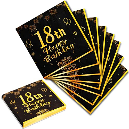 Geburtstag 18 Servietten, 20Stk Schwarze Gold Happy Birthday Servietten 33cm x 33cm Papierservietten für Mann Frau Mädchen Junge Geburtstags Deko Party Supplies Tischdekoration