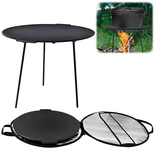 Aufun Gusseisen Grillpfanne mit 3 Beinen Grillplatte Grillzubehör Rund, Dutch Oven Ständer,Ø 45 cm Steakplatte für zum Camping, Garten, Reisen