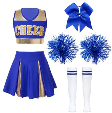 Alvivi Disfraz de Cheerleaders Animadora para Niñas Crop Top y Falda Plisada con Pompones+Calcetines+Diadema de Lazo Vestido de Danza Uniforme Colegiala Porrista 5-16 Años B azul 9-10 años