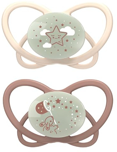 nip - Butterfly Night | 0-6 Monate | 2er Pack | Stillfreundlicher, zahnfreundlicher Babyschnuller mit Leuchtknopf inkl. Schnullerbox. Nachhaltiger Schnuller mit weichem Silikonsauger, Beige/Taupe