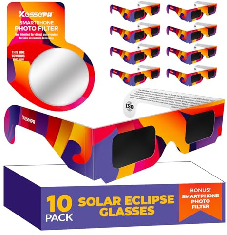 Gafas Eclipse Solar Homologadas 2026 (Paquete 10) Certificadas CE e ISO, Seguras para Observar el Sol Directamente, con Filtro Extra para Fotos, Diseño de Ondas Coloridas (Solar Eclipse Glasses)