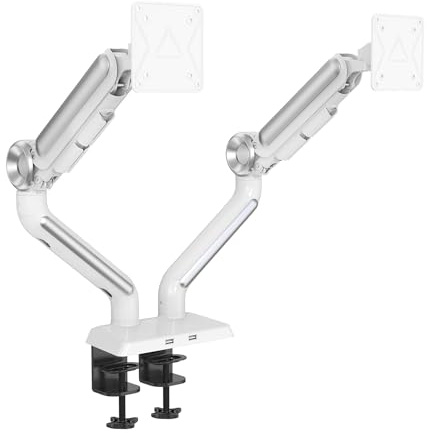 HFTEK - Dual Monitor Halterung bis 37 Zoll, Bildschirmhalterung 2 Monitore bis 12kg pro arm, Gasfeder Monitorhalterung mit USB, Monitor Tischhalterung Höhenverstellbar Neigbar, VESA 75 100 (HF24G06U)