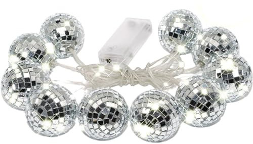 Abbdbd Led Disco Ball String Light, Battery Operated Silver Hanging Mirror Disco Party Light Mini Disco Balls Ornaments for Party Decorations