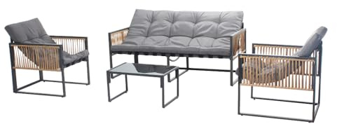 CONCEPT USINE | Salon de Jardin Bas 5 Places | Design TURINI Marron | Ensemble : 2 Canapés + 2 Fauteuils + 1 Table Basse en Verre Trempé | Aspect Rotin | Structure en Acier Robuste | 3 Coussins