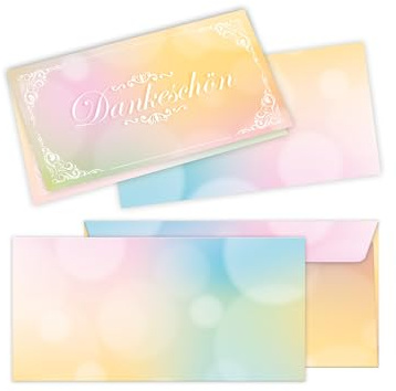 10 Dankeskarten mit 10 Kuverts für Hochzeit, Standesamt, Geburtstag, Konfirmation, Kommunion, Taufe, Geburtstag, Jubiläum. Klappkarten 21 x 10,5 cm. Elegantes Design mit zartem Farbverlauf Ornament