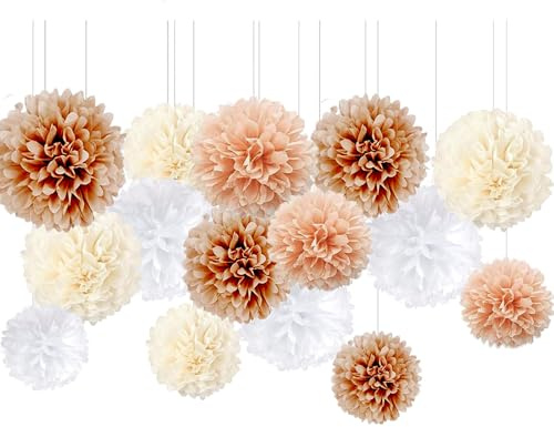 Seidenpapier Pompons, 20 Stück Pompoms Deko Tissue Papier Pom Poms Party Dekorationen für Hochzeit Geburtstag Babyparty Abschlussball Festival Weihnachten Karneval (beige)