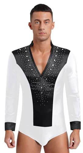 Yhong Herren Langarm Body Satin Latein Trikotbody Jazz Tango Glitzer Turnbody Leotard Freizeit Hemd Gymnastik Stretch Hemdbody Ballettanzug Weiß L