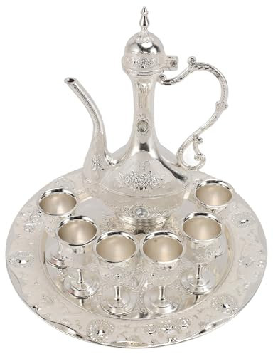 Asixxsix Set di caffettiera e Tazze turche Vintage, Set da tè Turco in Metallo con 6 Tazze da caffè e Vassoio per Il tè, Set di teiere turche di Lusso, per casa, Tea Party (Argento Bianco)