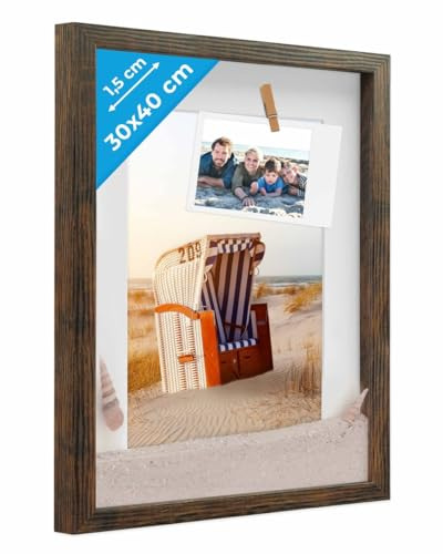 PHOTOLINI 3D Bilderrahmen zum Befüllen 30x40 Eiche dunkel groß, 1,5 cm tiefer Objektrahmen mit Glas, tiefer Bilderrahmen 30x40 Holz MDF mit Passepartout, Dicker 3D Rahmen befüllbar für Gegenstände