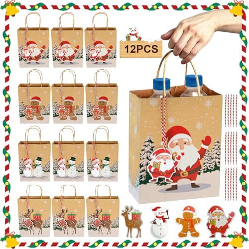 12 Stück Weihnachtstüten Mittelgroß, Weihnachtstüte Geschenketüten aus Papier mit Griffen, Weihnachts Tüten zum Befüllen, Geschenk Tüte Kraftpapier für Weihnachtsgeschenke, Mitgebsel, Christmas Bags