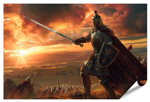 islandburner XXL Bild Poster Ritter in voller Rüstung mit Schwert in schöner Natur, stehendes Heer starker Mann Premium Bilder Fotodruck