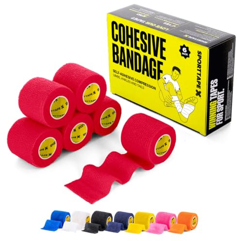 SPORTTAPE Selbstklebender Verband - 6 Rollen, 5 cm x 4,5 m - Rot | Pflaster rolle verbandsmaterial, Stuzentape fußball, schienbeinschoner tape, haftbandage elastiche sport bandage, vet wrap