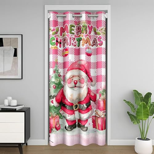 Loussiesd Rosa Weihnachten Türvorhang 86x203cm Jungen Mädchen Frohe Weihnachten Vorhang Weihnachtsbaum Weihnachtsmann Türvorhang Büffel Modern Rosa weißes Plaid Vorhang für Innentür Raumteiler