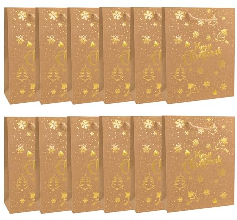 Idena 30486-12 - Geschenktüten Weihnachten, 12 Stück, Geschenktaschen in der Größe 18 x 23 cm Papiertüten in Braun mit goldenen Weihnachtsmotiven
