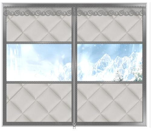 LRYELWA Selbstklebende Fenster Isolierfolie Wärmeschutzvorhang Thermovorhang Kälteschutz Gardinen Mit Sichtfenster,Wasserdicht,Winddicht,Leicht zu Lüften,Anpassbare,Breite x Höhe (170cm x 150cm,Grau)