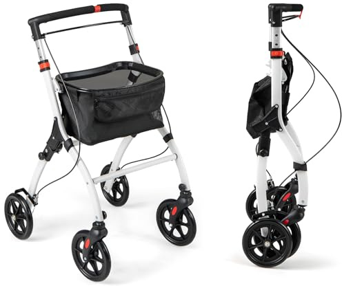 HOMASIS Déambulateur pour personnes âgées avec 4 roues, chariot pour personnes âgées pour marcher avec sac de rangement et plateau, rollator déambulateur pliable et réglable en hauteur pour intérieur