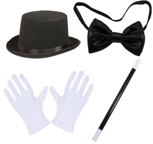 NIDONE 4 st/set trollkarlskostym halloween magikerkit med hög hatt, trollstav, handskar och fluga trollkarl kostym vuxen för kostymfester, cosplay och temaevenemang, trollkarlskostym vuxen