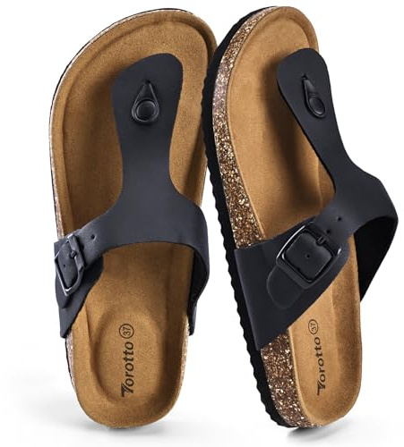 Torotto Damen Zehentrenner Flip Flops Pantoletten Hausschuhe Sportliche Kork-Fußbett Schlappen Mit Verstellbarer Rieme Sandalen