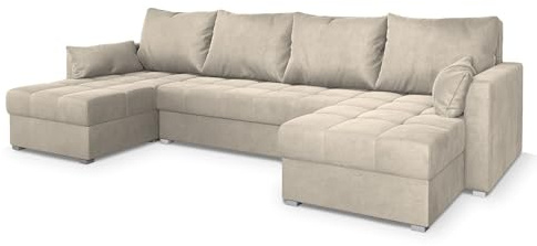 Masseno Ecksofa NAKO M mit Schlaffunktion U-Form, Sofa mit Bettkasten, Wohnzimmersofa, Couch, Soffa, Bettsofa, Couchgarnitur- Creme, Monolith 04