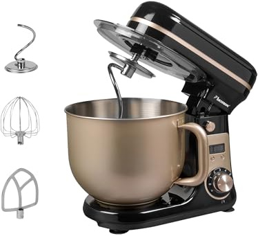 Bestron Küchenmaschine, Super Silent (65db) 4-1 Küchenmaschine mit DC-Motor, 6 Liter Rührschüssel, inkl. Knethaken, Rührbesen und Teigschläger, 6 Geschwindigkeitsstufen + Pulsefunktion, Farbe: Beige
