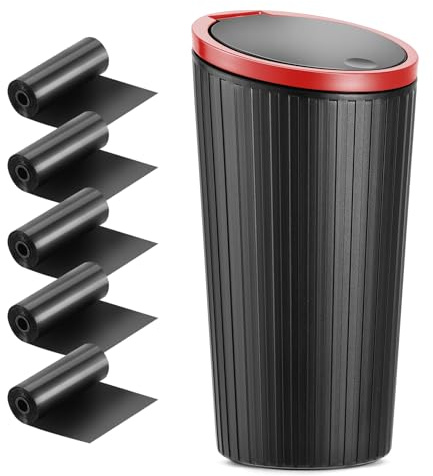 Mini Car Trash Can with Lid - Waterproof, Leakproof Plastic Storage Bin, 5 Rolls of Bags for Front Seat, Small Portable Clean Container for Home and Office (Red)
