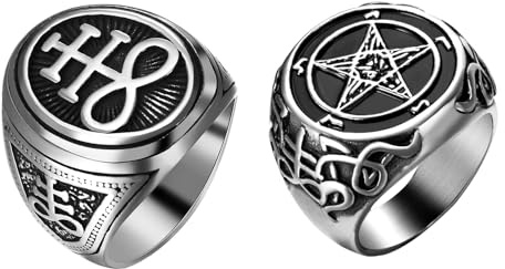 Flonge Men's Satanic Signet Ring: 2 Packs Gothic Pentagram Satanic Baphomet Goat Rings Punk Stainless Steel Ring Talisman Amulet Jewelry for Men Size 10