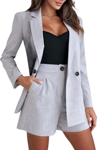 Traje de pantalón para mujer elegante de 2 piezas con pantalones cortos, traje de negocios para mujer, conjunto de manga larga y pantalones cortos de traje con bolsillo, color sólido, traje de