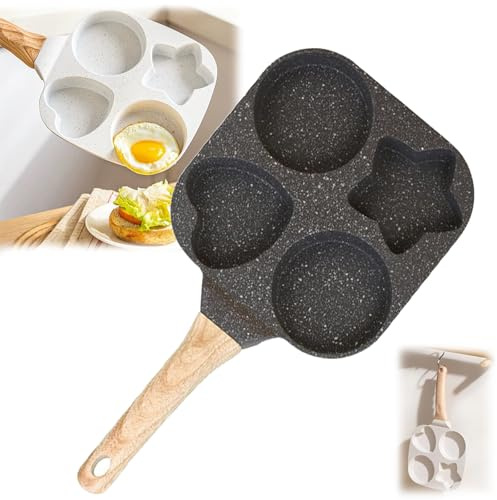 Sartén antiadherente de 4 agujeros con forma de estrella y corazón, compatible con estufas de gas e inducción, mango antiquemaduras, ideal para huevos, panqueques y hamburguesas (negro)