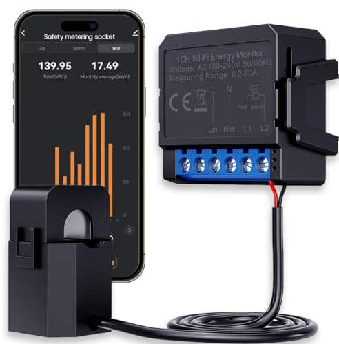 Acmerota WiFi Compteur d'énergie Moniteur d'énergie Intelligent 80A intelligent Système Moniteur d'énergie Intelligent Moniteur d'énergie Intelligent avec pince CT Compteur d'électricité