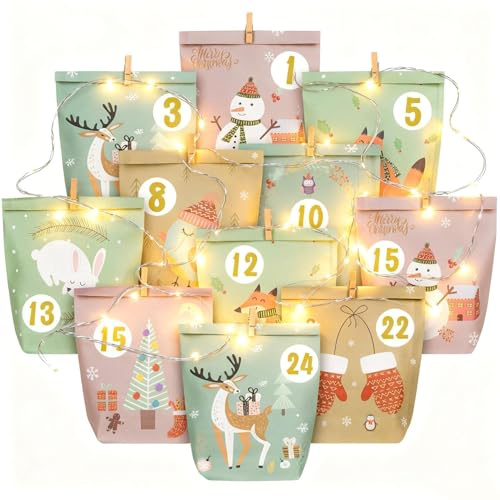 DIY Adventskalender zum Befüllen Set 2025 – 24 Adventskalender Tüten mit Lichterkette, Zahlenaufklebern & Holzklammern – Weihnachtstüten für Familie, Frauen, Männer (LED Weihnachts Tüten)