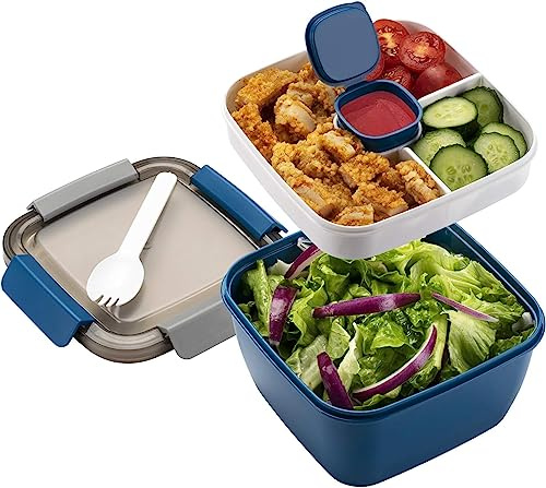 MINIMARG Salad Lunch Box – Large Salad Bowl with Lid, BPA-Free |3-Compartment Bento Box Microwave Safe – Yumbox Style Salad Bowl with Dressing Containers, Built-in Reusable Spoon (Blue, Large-1.5L)