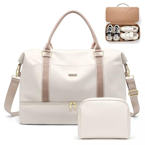 46L Borsone da Viaggio Donna, Borsa Parto Ospedale Mamma, con Borsa da Toilette, Scomparto per Scarpe e Tasca Bagnata, Borsone da Palestra da Weekend per Sport Lavoro Viaggi (Beige)