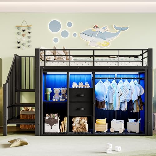 Idemon 90 x 200 cm, cama alta, 2 cajones, armario abierto, iluminación ambiental, muchos compartimentos, colchón no incluido (negro)