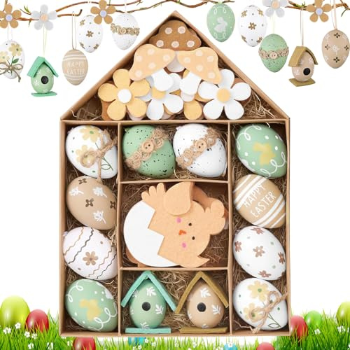 Ostereier zum Aufhängen, 12 Stück Bunte Eier aus Kunststoff, Ostereier mit Band, Eier Ostern Deko, Bedruckte Ostereie, für Osterkörbchen Frühlingsdeko, Ostern Geschenke