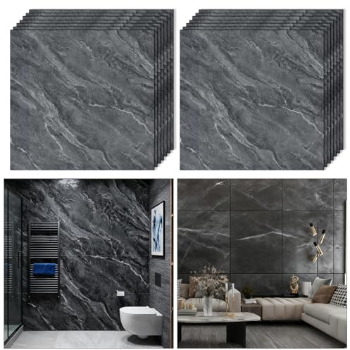 Woobroo 40 Pcs Self-Adhesive Wall Tiles - 30×30cm Waterproof Peel-and-Stick Gray Marble Wall Decals for Bathroom Kitchen Living Room