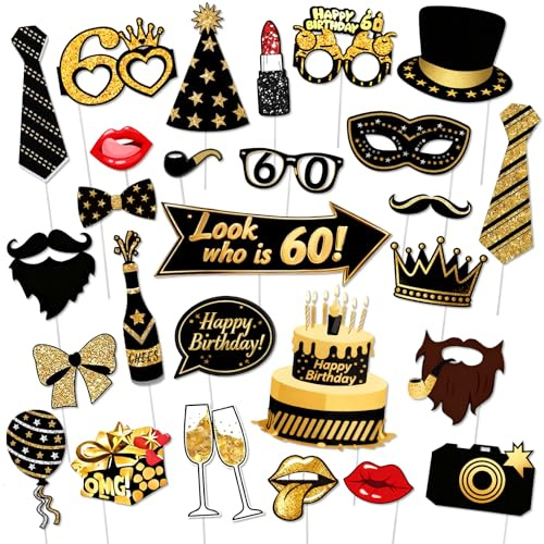 G2PLUS Foto Requisiten zum 60. Geburtstag: 32 Stück Schwarz Gold