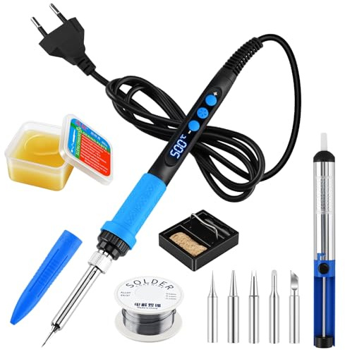SCANTEE Lötkolben Set 90W LCD Einstellbar Temperatur, mit Ein/Aus Schalter, 50g Lötpaste, Zinnspender, 5 Lötspitzen, Lötkolbenständer, 1.5M Zinndraht Entlötpumpe, Lötset für Elektrische Arbeiten