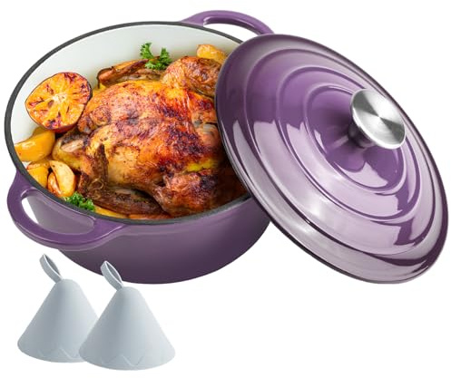 Hierro fundido esmaltado para horno holandés de 4.5 cuartos de galón con tapa, asas dobles grandes, apto para horno hasta 260.0 °C, olla redonda clásica para cocinar versátil, color morado