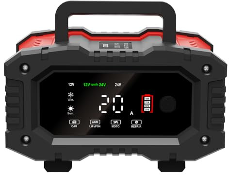 FOXSUR Caricabatterie completamente automatico da 300 W 12 V 20 A e 24 V 10 A Caricabatterie di mantenimento portatile e mantenitore di batteria con display LCD per auto camion
