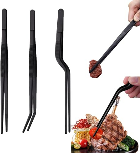 3 stycken 25 cm kokpincetter, grilltänger i rostfritt stål, multifunktionell kökspincett, lämplig för presentation av bifféer, bufféer, bakning, grillning och hantering (svart) (svart) (svart 1)