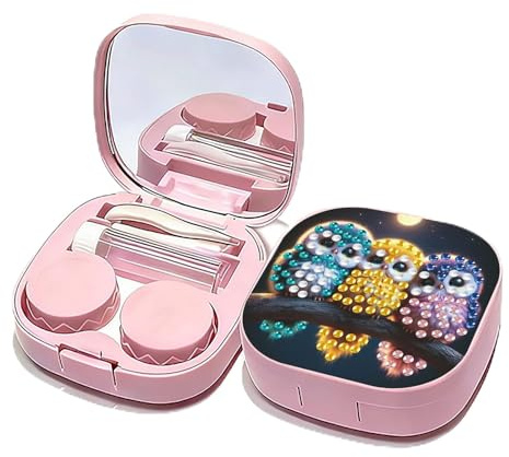 Diamond Art Painting Kontaktlinsenbehälter, DIY Pink Diamond Art Harte Reise Kontaktlinsen Box Halter Behälter mit Pinzette Entferner Werkzeug Stick für den täglichen Outdoor-10-Eule