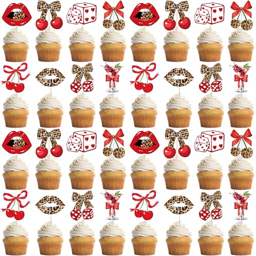 Bafutayawa Cupcake Topper Set 32 Pieces Leopard Print Cherries Cake Decoration Birthday Muffin Decor with Lips Dice Bow for Women Hen Party Decoration Red