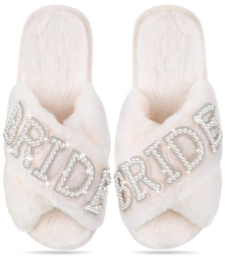 Zapatillas Elegantes para Novia Zapatillas Novia Blancas Suave Piel Falsa Bride Slippers Cómodo Blanco Abierto Pie Pantuflas Pantuflas Blancas Bride to Be para Boda, Despedida de Soltera,Luna de Miel