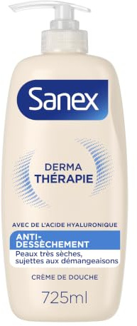 Sanex, Derma Thérapie, Crème de Douche Anti-Dessèchement, Pompe 725 ml | Gel Douche anti-démangeaisons, Formule à l'acide hyaluronique, Peaux très sèches, Apaise et hydrate pendant 24 heures