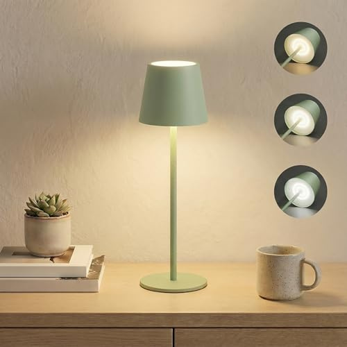 Bonsery 5200mAh LED Tischlampe Kabellos Grün, Touch Dimmbar Tischleuchte Akku Aufladbar mit 3 Farbtemperatur, Metall Nachttischlampe Wasserdicht & Schnurlos für Indoor Outdoor Nachttisch Restaurant