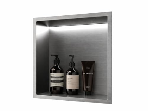 MEDIMEX - Hornacina Ducha Empotrable con LED Acero Inoxidable 304 Nicho de Ducha Empotrable 33x33 cm Estante Ducha Baño Iluminado Shower Shelf Bathroom Organizer