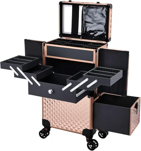Maleta de Maquillaje con Ruedas Profesional, Maletín de Manicura y Peluquería con Espejo, Cajón Deslizante y Asa Telescópica, Ruedas 360° con Freno, Organizador de Belleza para Salón o Viaje, Oro Rosa